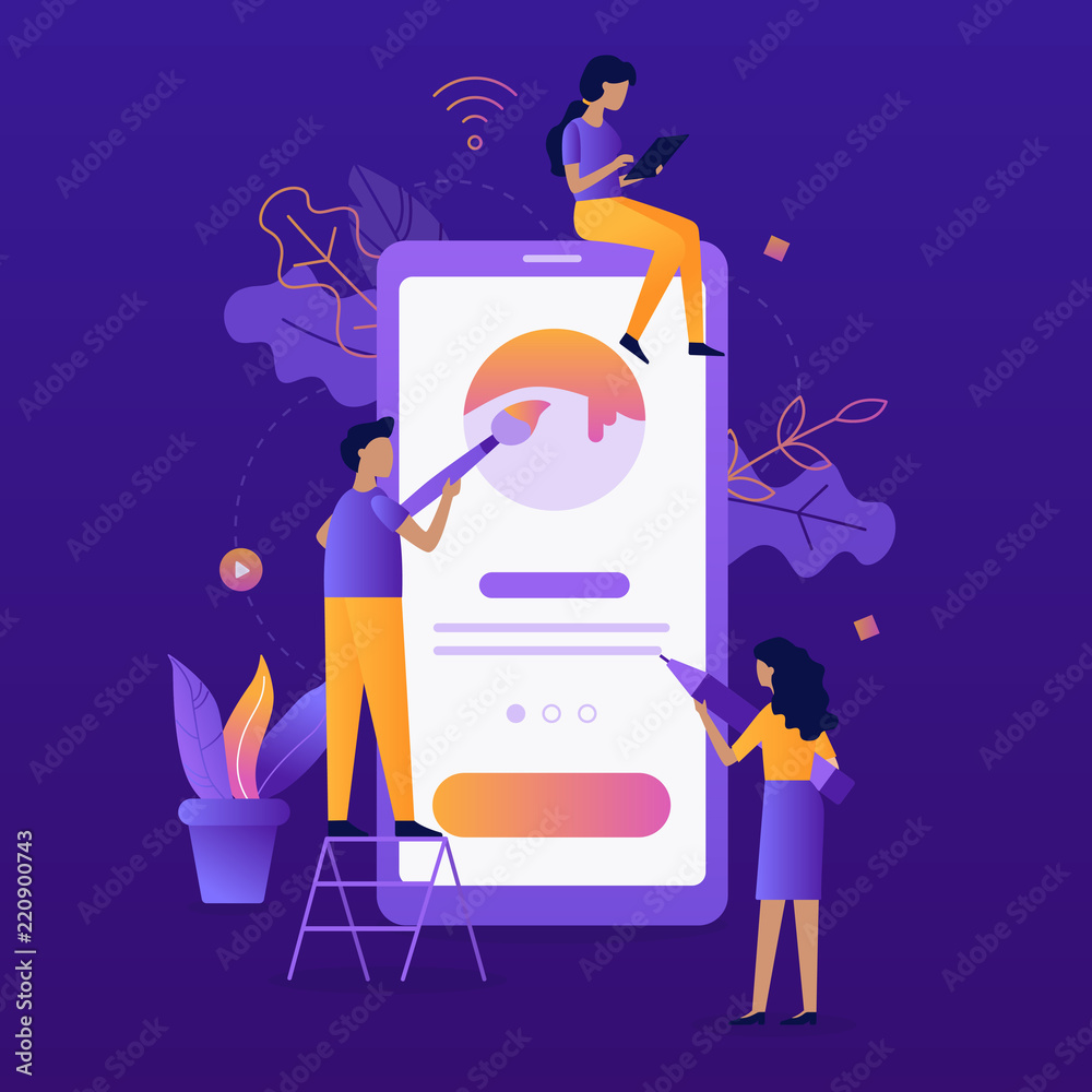 Poster modern vector illustration concept. mobile app development. teamwork project. flat vector illustrati