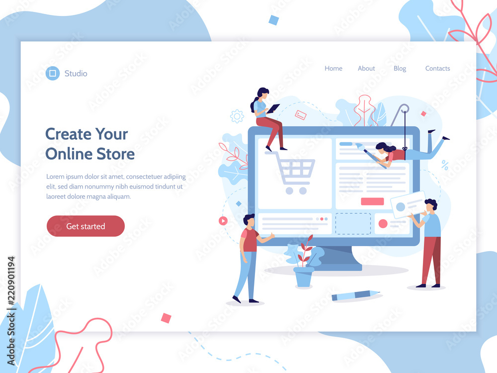 Fototapete Web banner design template. A team of web developers design an online store. E-commerce project. Website development. Flat vector illustration.