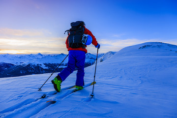 Skiing with amazing view of swiss famous mountains in beautiful winter snow  Mt Fort. The matterhorn and the Dent d'Herens. In the foreground the Grand Desert glacier.