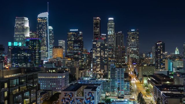 Downtown Los Angeles Skyline at Night Timelapse