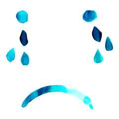 Blue. Abstract vector sad face with tears, hand painted in watercolor, depression concept
