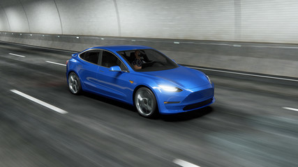 Modern Electric car rides through tunnel 3d rendering