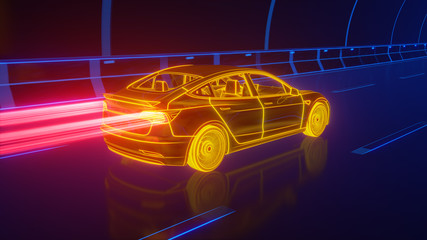 Yellow glowing Modern Electric car rides through Blue tunnel 3d rendering