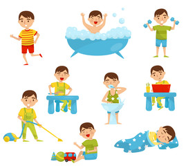Daily routine of cute boy set, kids activity, boy doing sports, taking bath, having breakfast, reading book, playing, sleeping vector Illustration on a white background