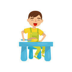 Cute boy having breakfast, kids activity, daily routine vector Illustration on a white background