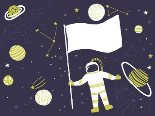 Astronaut with Flag in Space. Vector Design Template