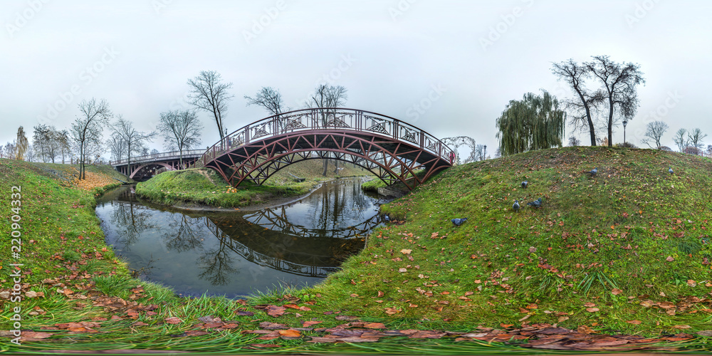 Wall mural park at autumn with dark sky, river and bridge ugly landscape. 3d spherical panorama with 360 degree