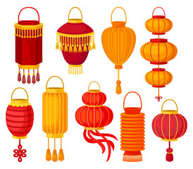 Fototapeta na wymiar Chinese paper street lantern of different shapes, decorative elements for festive design vector Illustrations on a white background