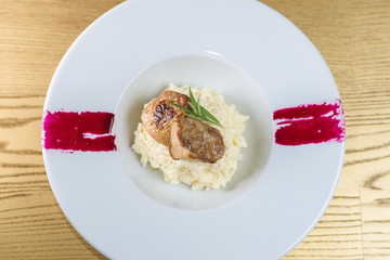 rice with chicken on a white plate