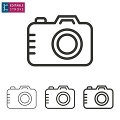 Camera line icon on white background. Editable stroke.