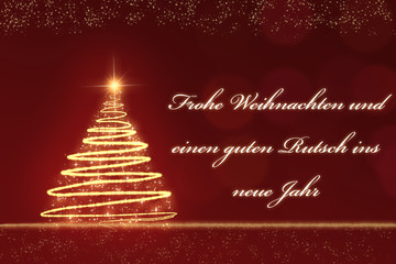 golden sparkling Christmas tree against a red blurred background with golden snowflakes and the text Frohe Weihnachten