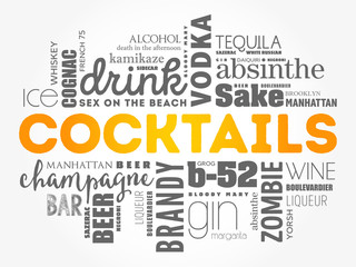Different cocktails and ingredients, word cloud collage, design concept background