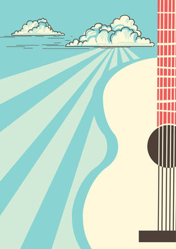 Country Music Poster With Musical Instrument Acoustic Guitar.Vector Blue Sky Background