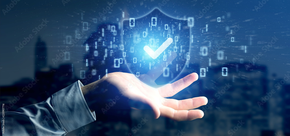 Poster man holding a shield web security concept 3d rendering