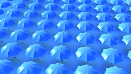 Lots of Blue Umbrellas in a Grid Pattern 3d illustration 3d render	