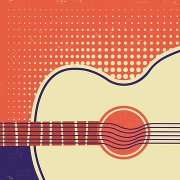 Acoustic guitar on old paper. Retro poster background
