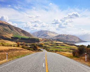 Scenic road  near Lake Hawea in the sunny  autumn day, South island,  New Zealand