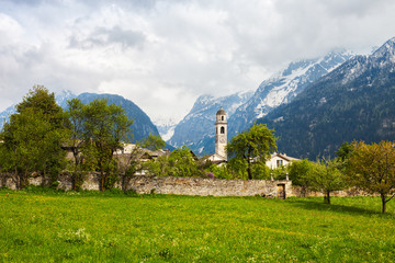 Alpine village of Soglio  in Swiss Alps, Maloja District, Canton of Grisons, Switzerland.