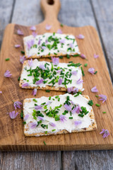 Obraz na płótnie Canvas Dairy and lactose-free vegan cream cheese spread made from cashew and macadamia nuts on crackers with fresh chopped chives and edible chive flowers with shallow depth of field