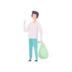 Young man holding garbage bag, people gathering, sorting waste for recycling vector Illustration on a white background