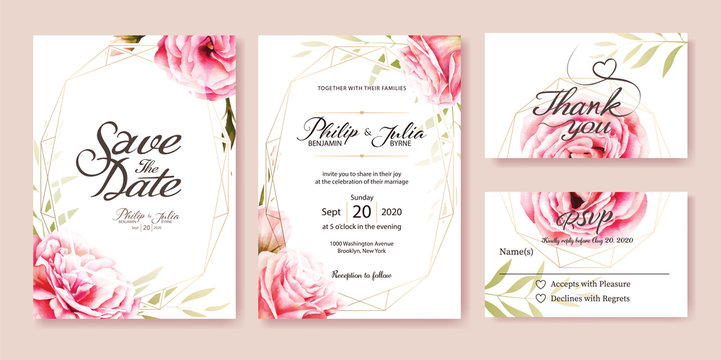 Wedding Invitation, save the date, thank you, rsvp card Design template. Vector. Pink rose, olive leaves. Watercolor style.