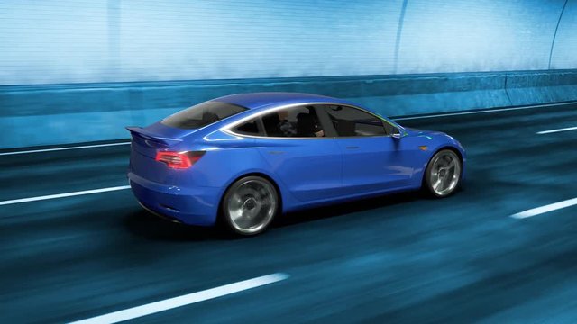 Modern Electric car rides through tunnel with cold blue light style 3d rendering