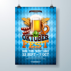 Oktoberfest party poster illustration with fresh lager beer, pretzel, sausage and wheat on blue and white Bavaria flag background. Vector celebration flyer template for traditional German beer - obrazy, fototapety, plakaty