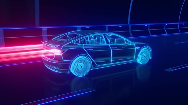 Blue glowing Modern Electric car rides through Blue tunnel
