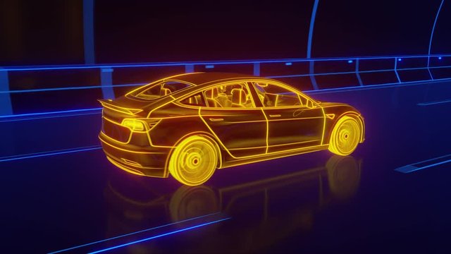 Yellow glowing Modern Electric car rides through Blue tunnel