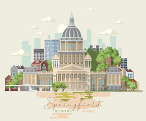 Illinois state. United States of America. Postcard from Chicago and Springfield. Travel vector - obrazy, fototapety, plakaty