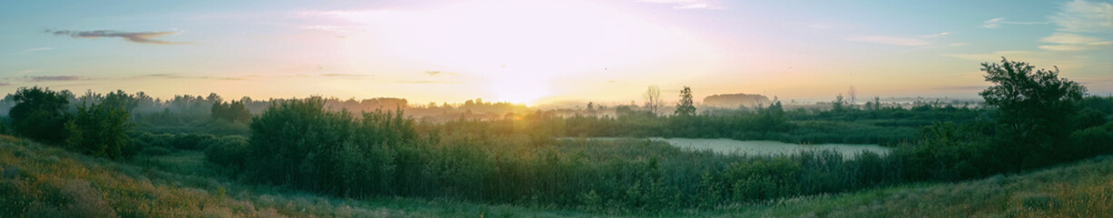 Sunrise over meadows on summer morning