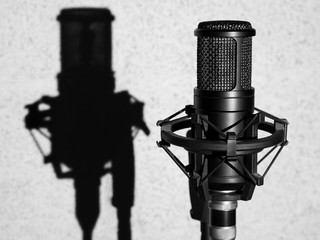 Microphone In Studio. Black Sound Recording Microphone
