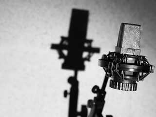 Microphone In Studio. Black Sound Recording Microphone