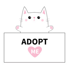 White cat head face , paw print hands, paper board. Adopt me. Pink heart. Pet adoption. Help homeless animal Cute cartoon kitty character. Funny baby kitten. Flat design. White background