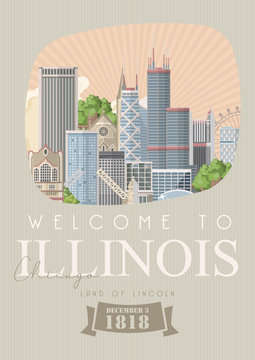 Illinois state. United States of America. Postcard from Chicago and Springfield. Travel vector