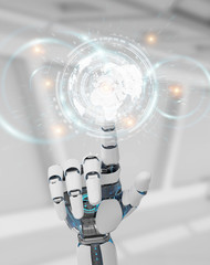 White cyborg hand using digital datas interface 3D rendering