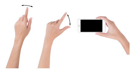 Woman hands holding smart phone with blank screen display, Collection of index finger and pinch fingers for touch or zoom, digital and communication concept, Isolated on white background