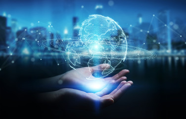 Businesswoman using globe network hologram with America Usa map 3D rendering