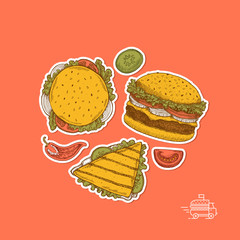 Hand drawn sandwiches. Hamburger collection. Vector illustration