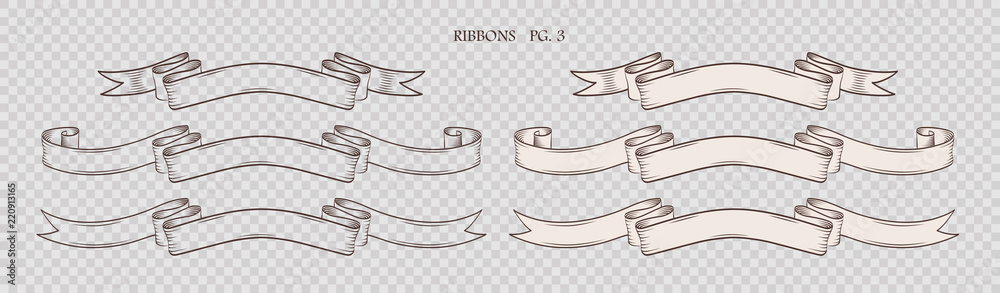 Wall mural set of vintage hand drawn ribbons on the sham transparent background. collection of retro labels, ba