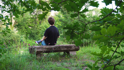 Fototapeta premium Young Man Sitting on Wood Park Bench