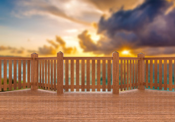 3D render. View from red wood terrace, porch or balcony on sea at sunset.