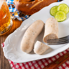 delicious bavarian oktoberfest white sausage with sweet mustard