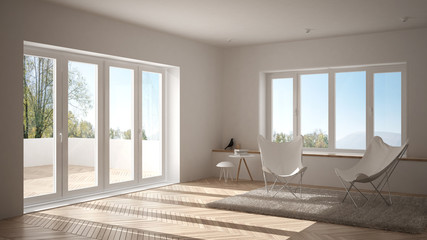 White minimal living room with armchair carpet, parquet floor and panoramic window, scandinavian architecture, modern interior design