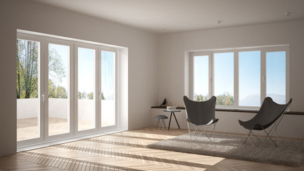 White and gray minimal living room with armchair carpet, parquet floor and panoramic window, scandinavian architecture, modern interior design