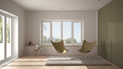 White and yellow minimal living room with armchair carpet, parquet floor and panoramic window, scandinavian architecture, modern interior design