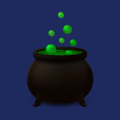 Realistic cauldron with boiling green slime and flying bubbles. Vector illustration