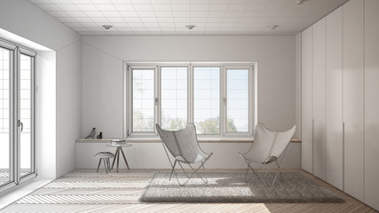 Unfinished project draft interior design, minimal living room with armchair carpet, parquet floor and panoramic window, scandinavian architecture