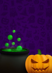 Halloween party flyer with orange pumpkin, cauldron and creepy pattern on purple background. Vector illustration