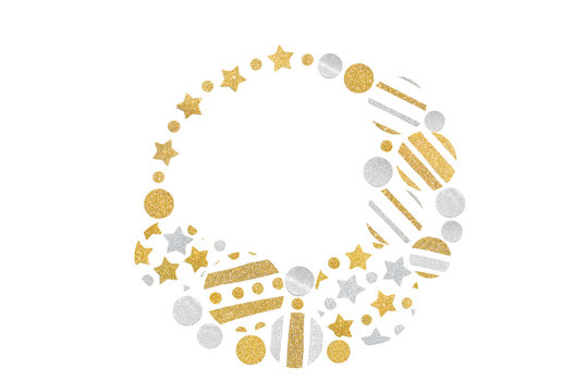 Gold and silver glitter christmas balls wreath paper cut on white background - isolated